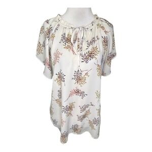 LOFT Outlet Womens Short Sleeve Floral Print Ruffled Tie Neck Top Size Small‎